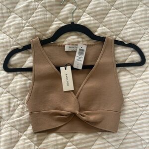Babaton Tan Sleeveless Crop Tie Front Tank Top